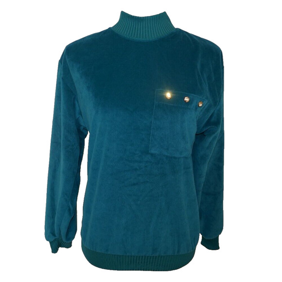 Teal Velveteen Pullover Longsleeve Mock Turtle Neck Small Vintage Haband for Her - Picture 12 of 16